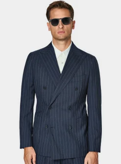 Abito doppiopetto navy in pura lana gessata