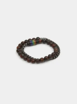 Bracciale doppio con metallo e sfere marroni
