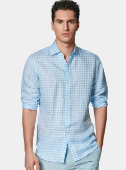 Camicia azzurra in misto lino a quadri