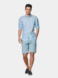 Camicia azzurra in misto lino a quadri