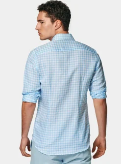 Camicia azzurra in misto lino a quadri