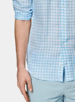 Camicia azzurra in misto lino a quadri