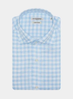 Camicia azzurra in misto lino a quadri