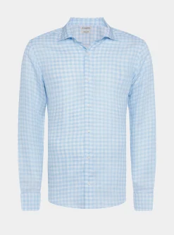 Camicia azzurra in misto lino a quadri