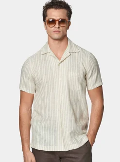 Camicia bowling in lino e cotone rigato