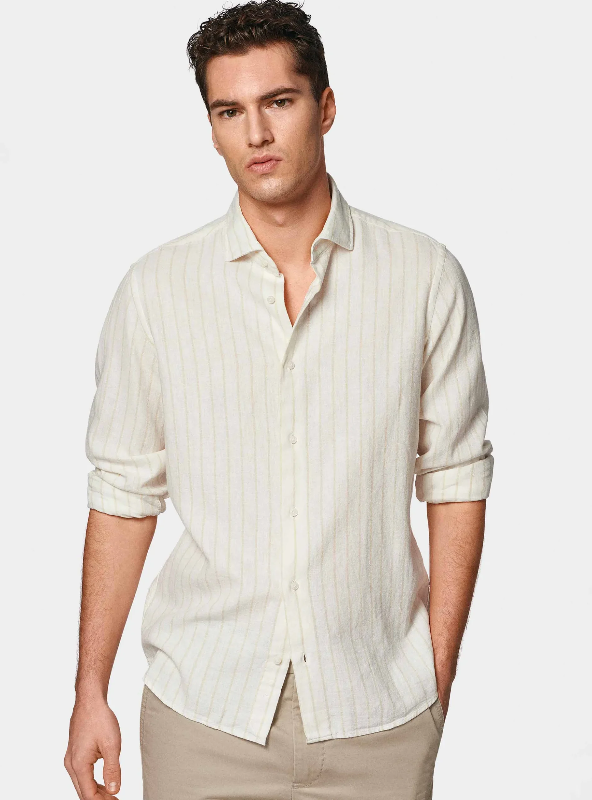 Camicia rigata in lino crepe e cotone