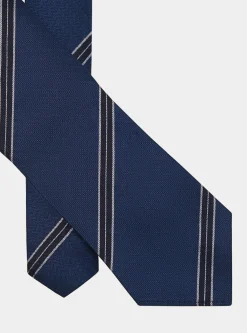 Cravatta rigata in seta e lino herringbone