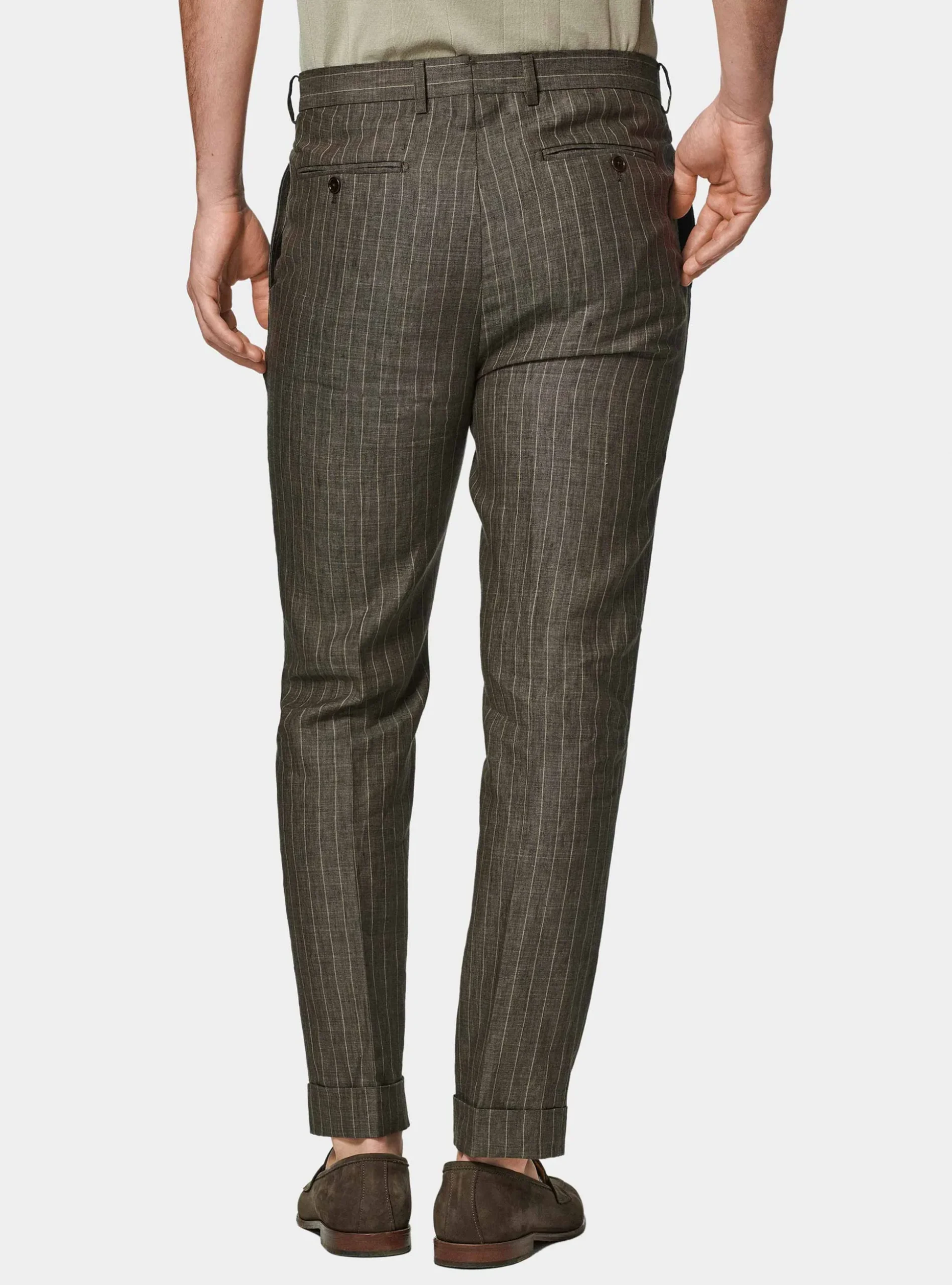 Pantaloni abito doppiopetto gessato in lino delavè