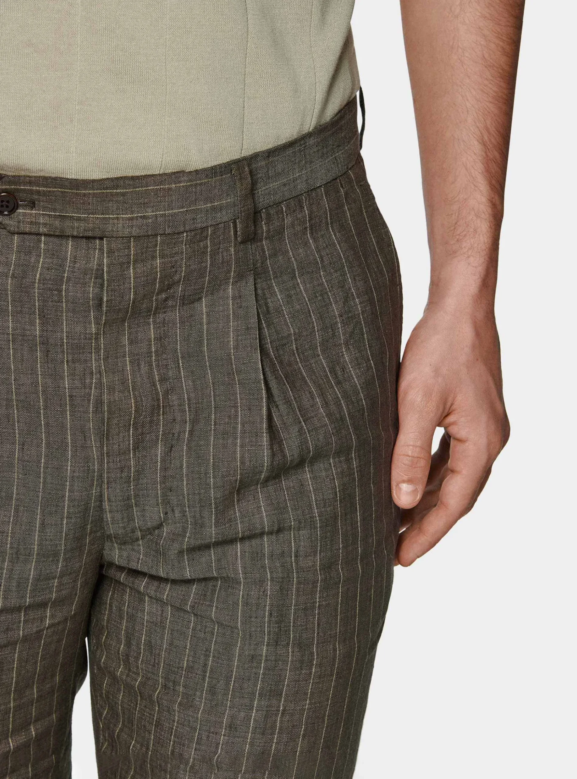 Pantaloni abito doppiopetto gessato in lino delavè