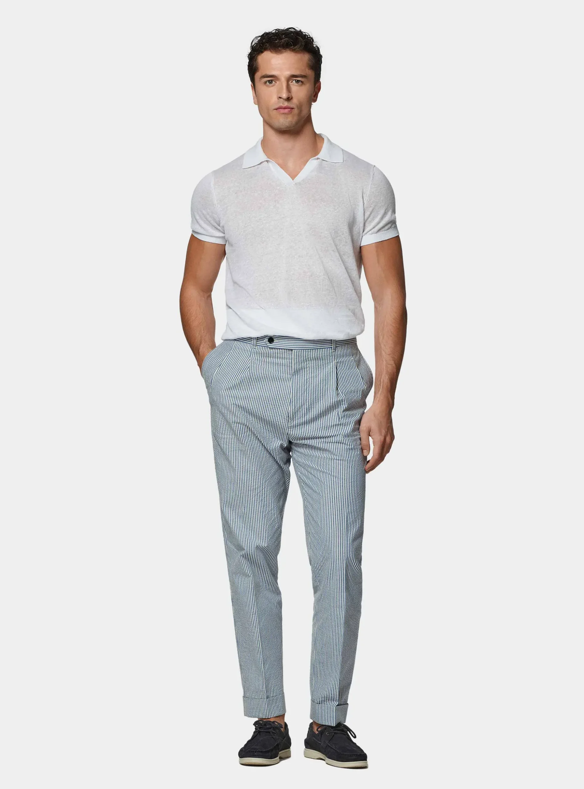 Pantaloni doppia pince in cotone seersucker