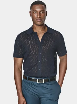 Polo camicia in maglia traforata in cotone e seta
