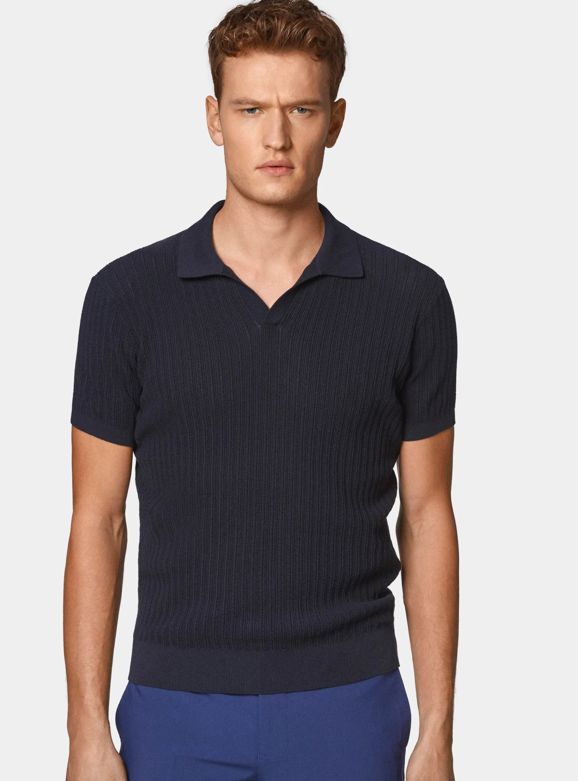 Polo in maglia traforata senza bottoni in cotone extrafine